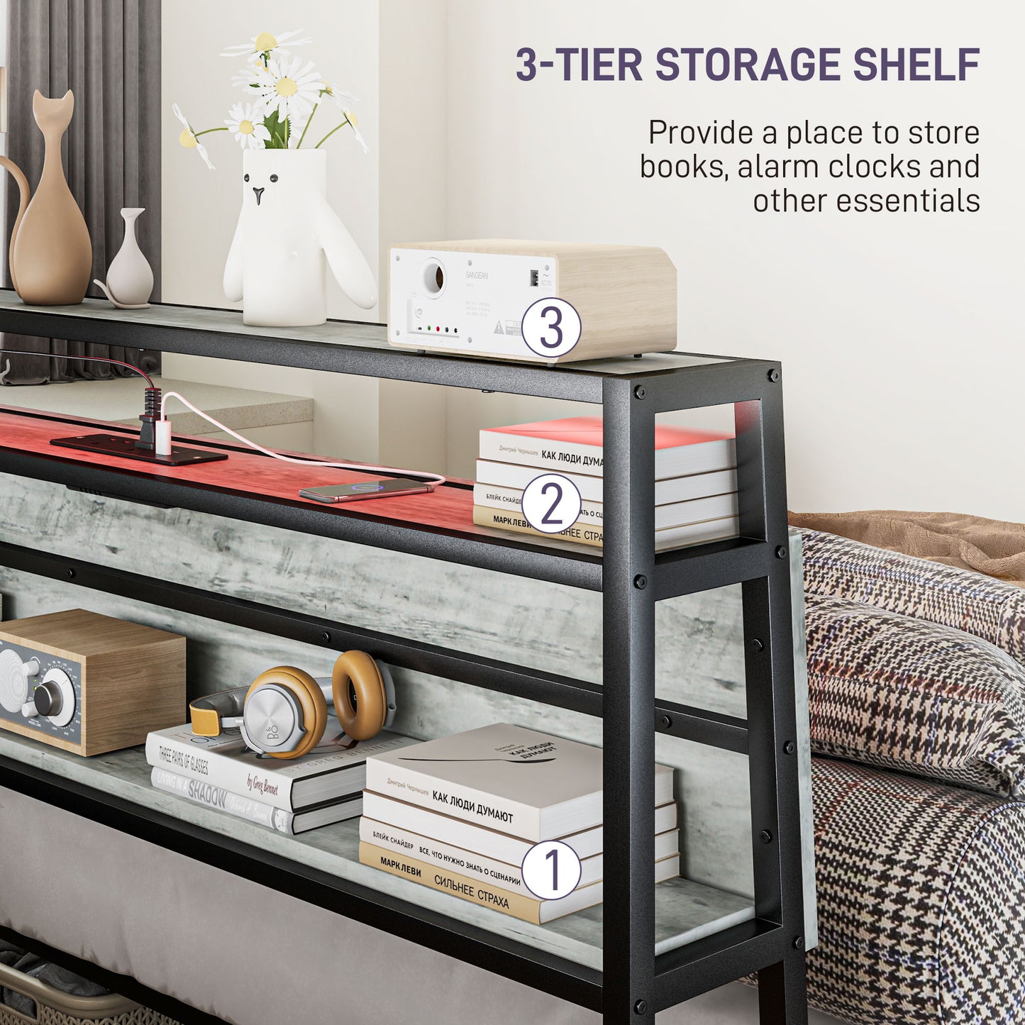 Double Steel Bed Frame, with LED Lights and Shelf - Grey