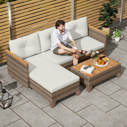 3 Pieces Rattan Garden Furniture Set, L Shaped Garden Conversation Chaise Lounge Furniture
