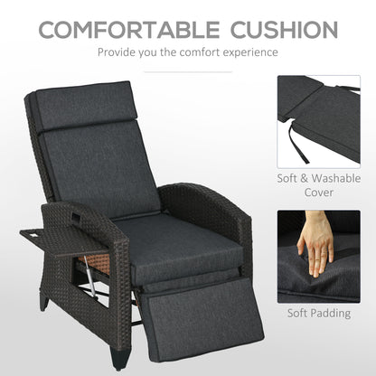 Outdoor Recliner Chair with Adjustable Backrest and Footrest, Cushion, Side Tray, Dark Grey/Brown