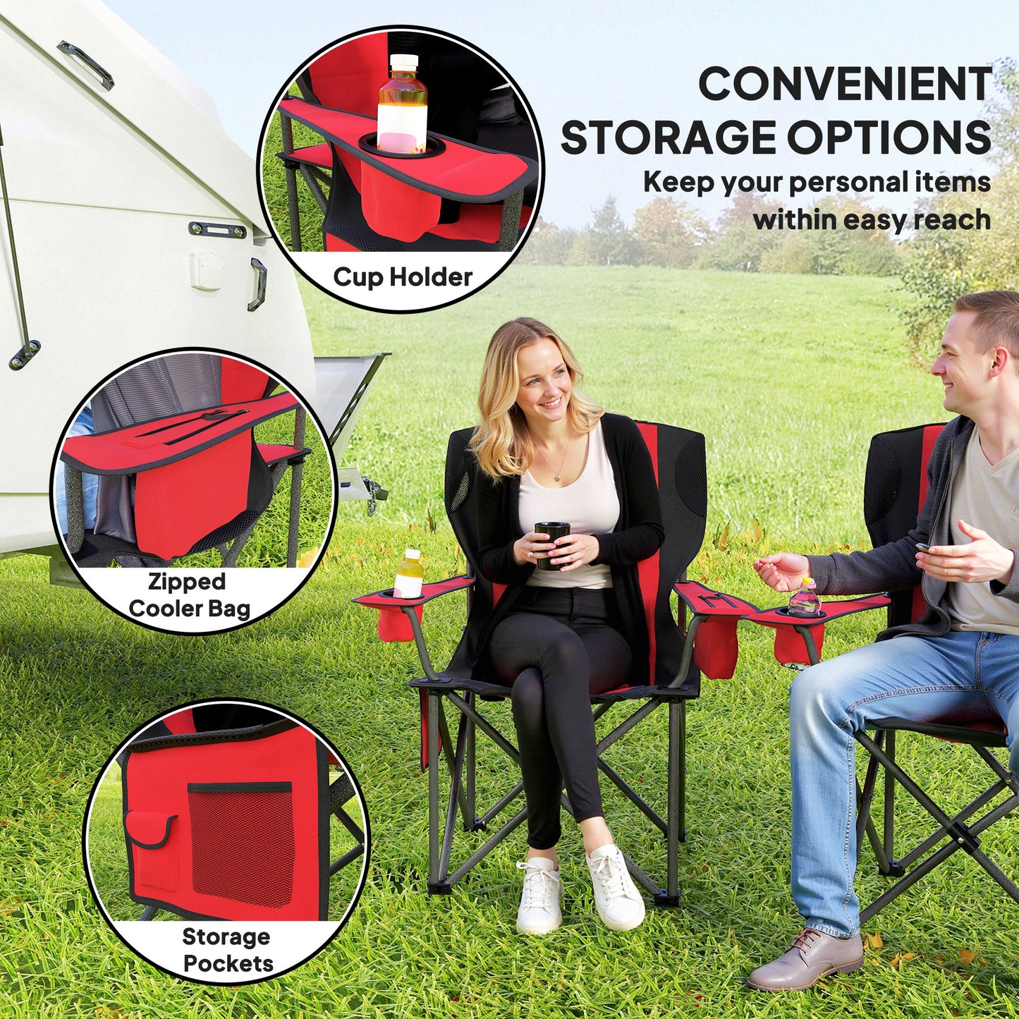 Set of 2 Folding Camping Chairs, Padded Camping Chairs with Adjustable Armrests