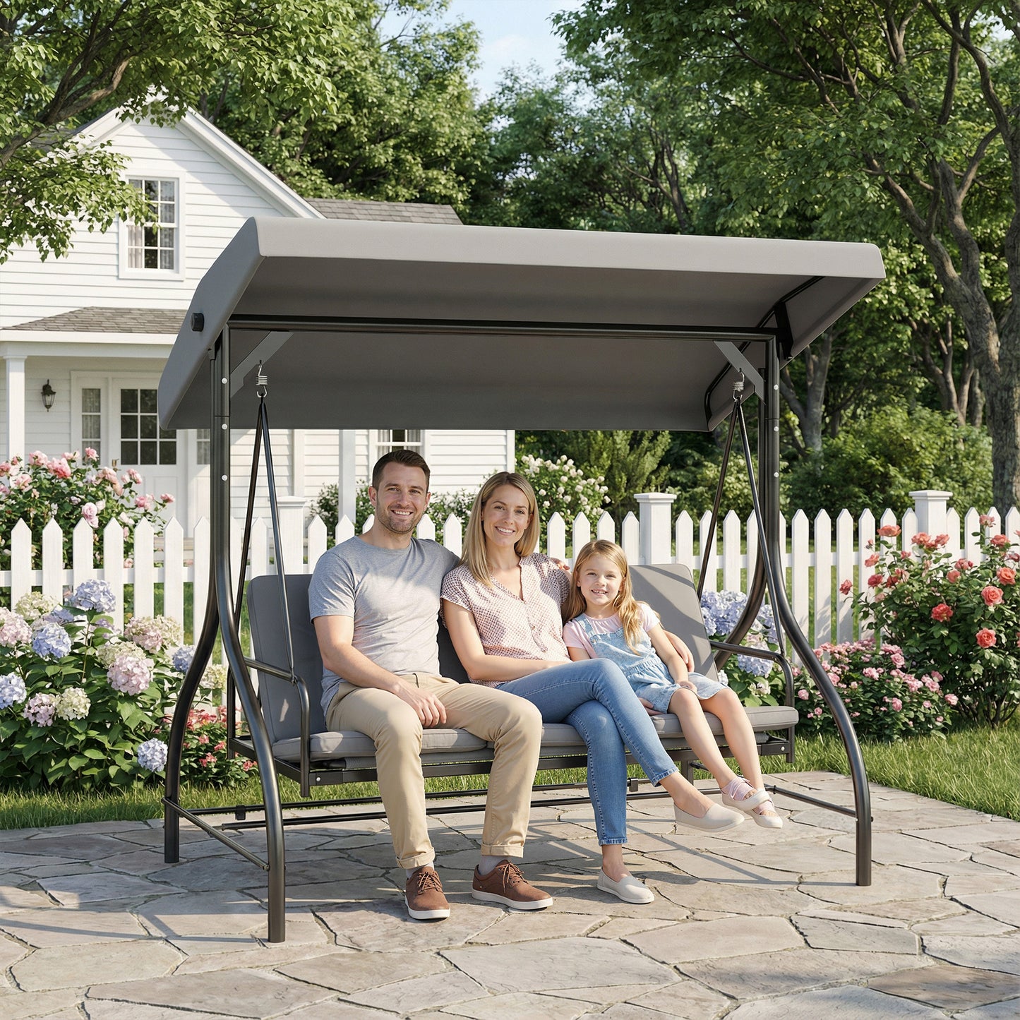 3 Seater Canopy Swing Chair, 2 in 1 Garden Swing Seat Bed, with Adjustable Canopy and Metal Frame, Light Grey