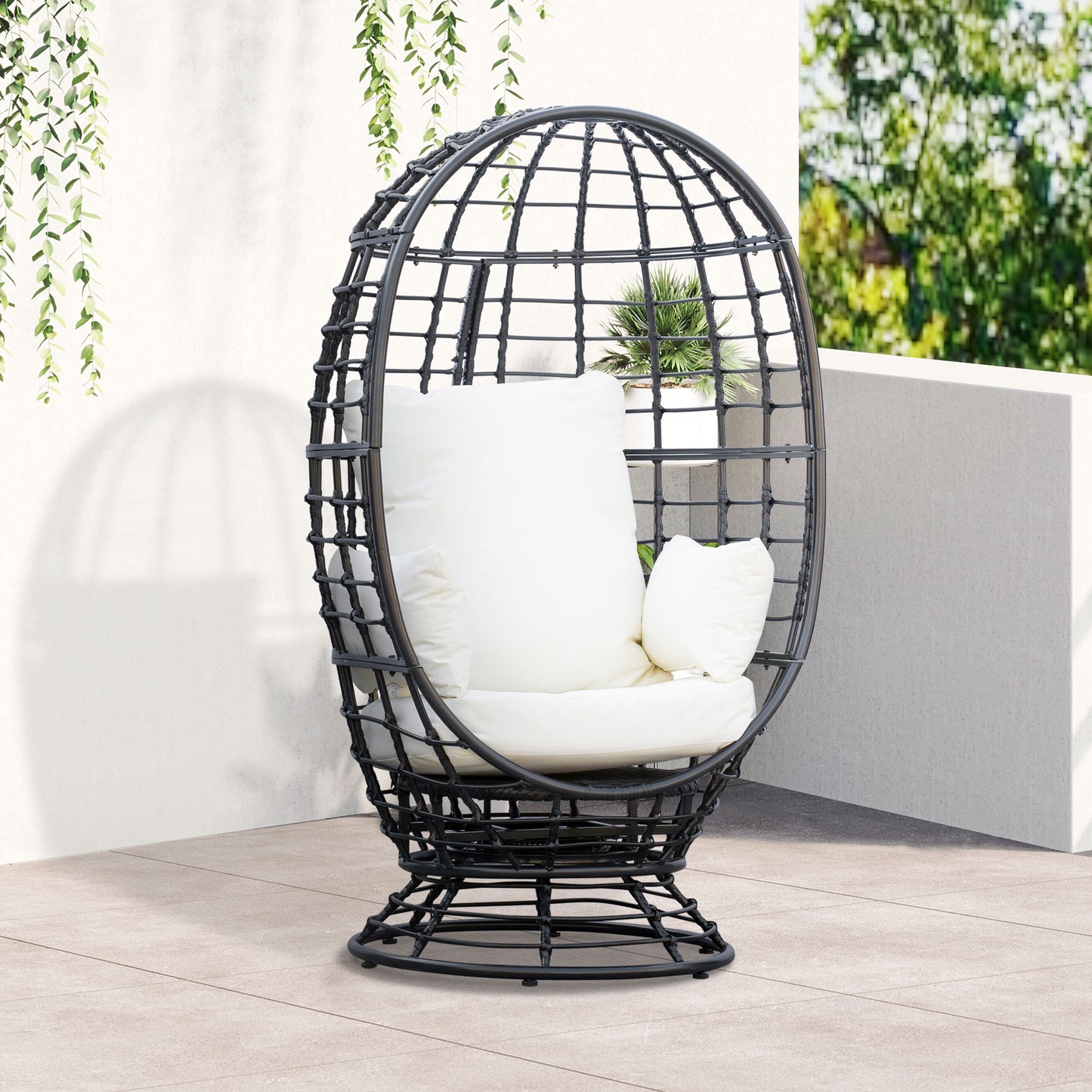 360° Swivel Egg Chair, Garden Rattan Swivel Chair with Thickened Cushion and Pillow, 150 KG Capacity for Indoor Outdoor