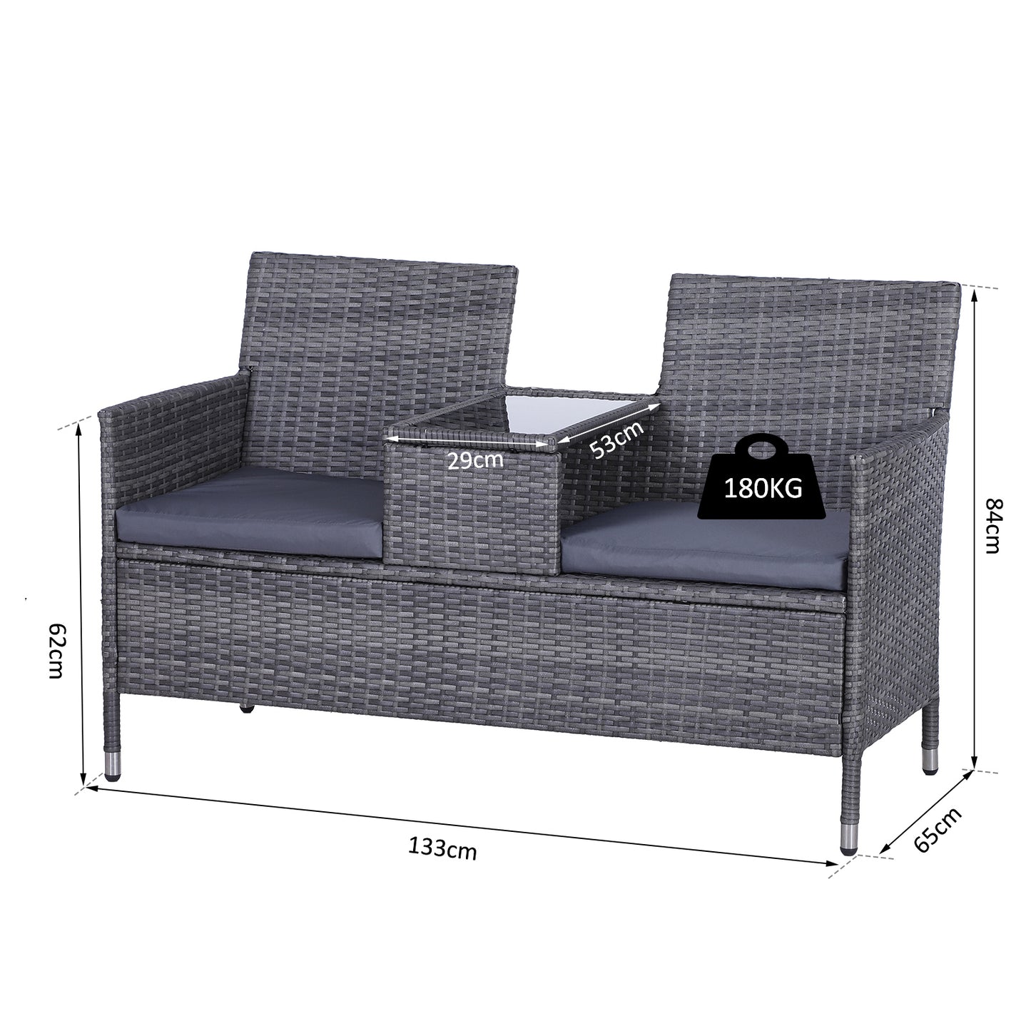 2-Seater PE Rattan Outdoor Garden Bench w/ Centre Table Grey