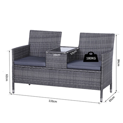 2-Seater PE Rattan Outdoor Garden Bench w/ Centre Table Grey