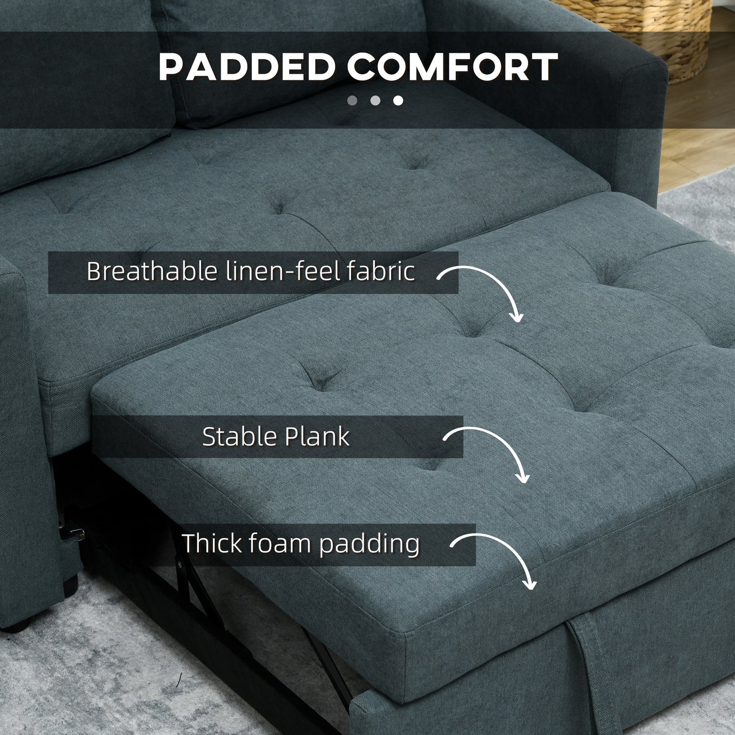 Loveseat Sofa Bed, Convertible Bed Settee with 2 Pillows, Side Pockets, Charcoal Grey