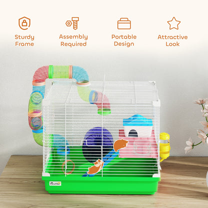 2 Tier Hamster Cage, Gerbil Cage with Handle, Exercise Wheels, Tunnel, Water Bottle, Dishes, Ladder, for Dwarf