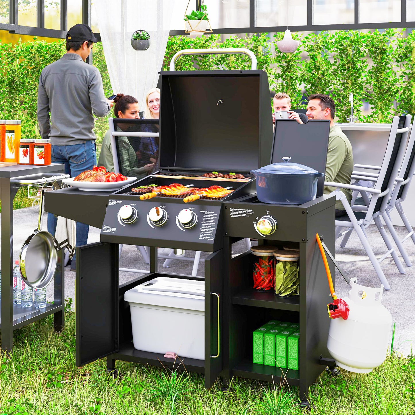3+1 Burner Gas BBQ Grill with Storage Cabinet and Shelves, 9.5 kW Gas Barbecue Trolley with 6 Castor Wheels, Warming Rack