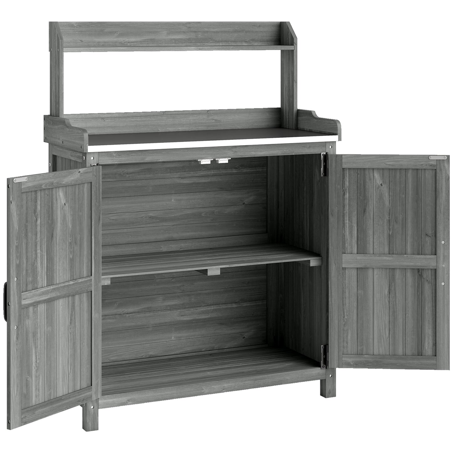 Wooden Potting Bench Table with Aluminium Worktop, Outdoor Garden Workbench with Top Shelf and Cabinet Storage