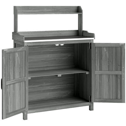 Wooden Potting Bench Table with Aluminium Worktop, Outdoor Garden Workbench with Top Shelf and Cabinet Storage