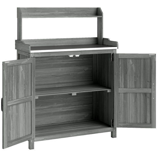 Wooden Potting Bench Table with Aluminium Worktop, Outdoor Garden Workbench with Top Shelf and Cabinet Storage