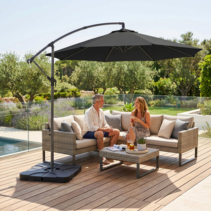 3m Overhanging Parasol, with Base, Weights and Cover - Black