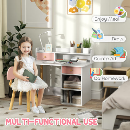 2 Pieces Children Study Table with Hutch, Kids Desk and Chair Set with Storage, Drawer, Shelves, Pink