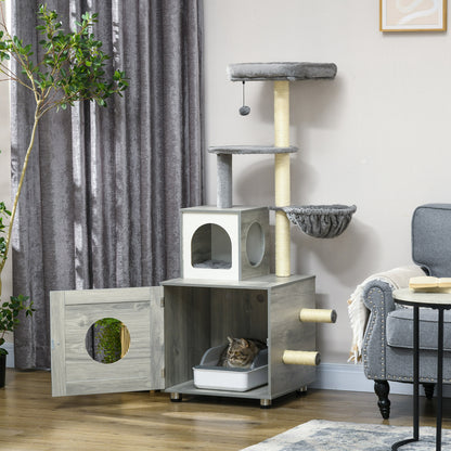 Enclosed Cat Litter Box with Cat House, Cat Bed, Scratching Posts, Platforms, for Indoor Cats - Grey