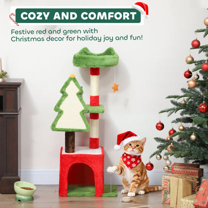 Christmas Cat Tree, 120cm Cat Tower with Scratching Post & Board, Platform, Toys, Green