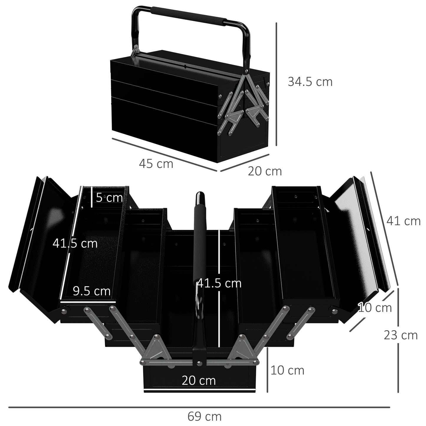 3 Tier Metal Toolbox, 5 Tray Professional Portable Tool Box with Carry Handle for Workshop, 45cmx20cmx34.5cm, Black