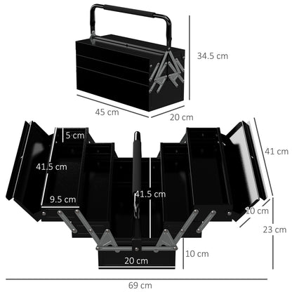 3 Tier Metal Toolbox, 5 Tray Professional Portable Tool Box with Carry Handle for Workshop, 45cmx20cmx34.5cm, Black