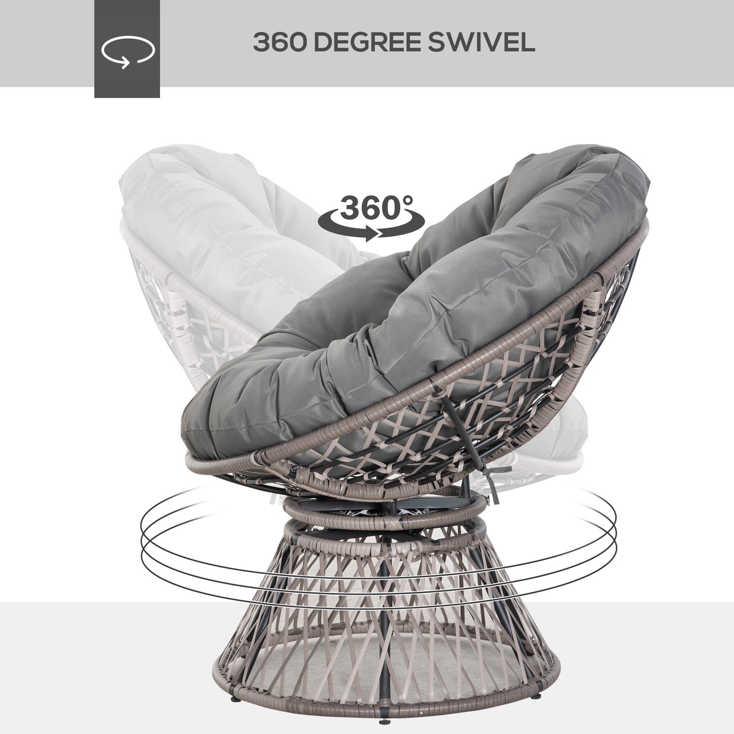 360° Swivel Rattan Papasan Moon Bowl Chair Round Lounge Garden Wicker Basket Seat with Padded Cushion Oversized for Outdoor I