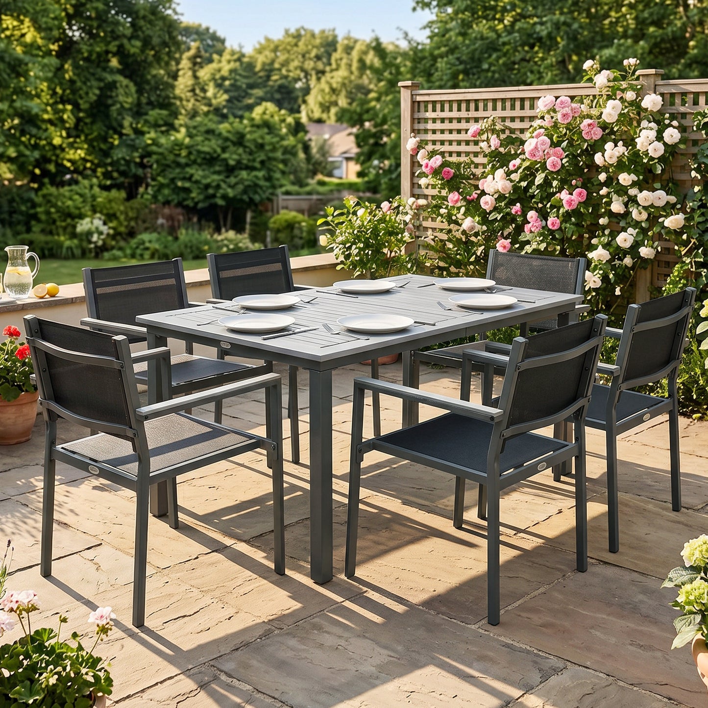 Garden Dining Set with Acacia Wood Table Top, Outdoor Table and Stackable Chairs Set for 6 with Texteline Seat, Grey