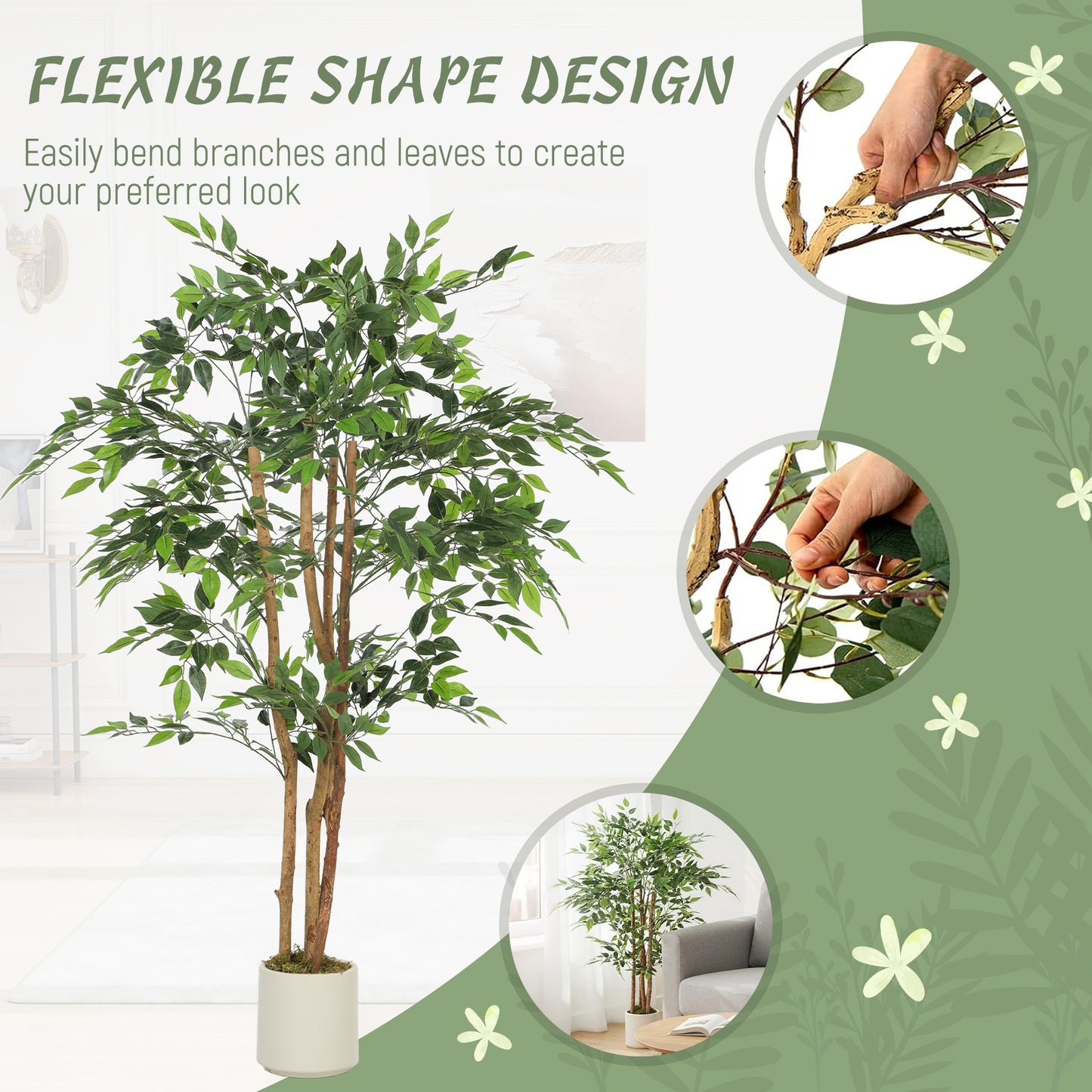150cm Artificial Ficus Tree, Fake Potted Tree with Solid Wood Trunk and Pot for Indoor, Green
