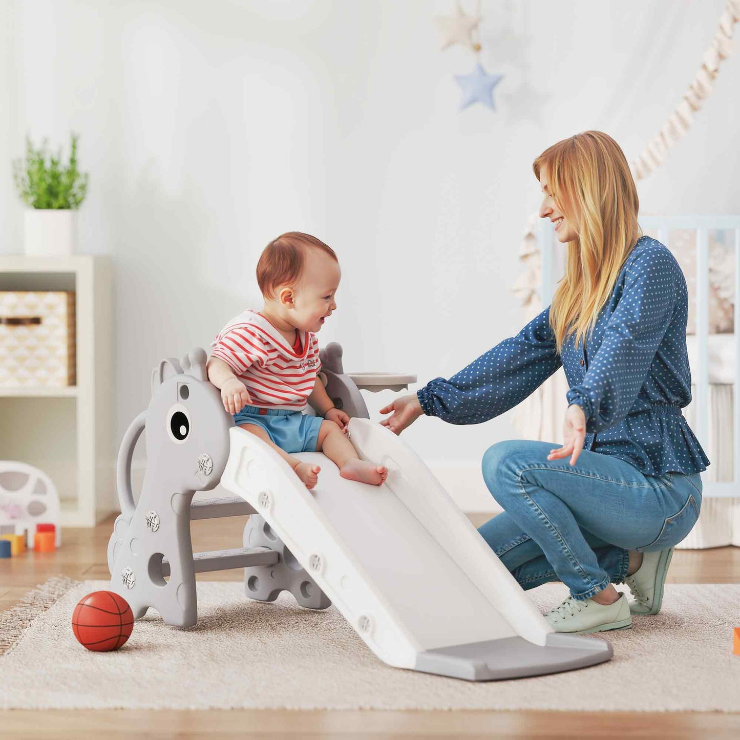 3 in 1 Kids Slide with Climber, Basketball Hoop and Ball, Giraffe Shape Climber Slide for Indoor Kids Age 1-3, Grey