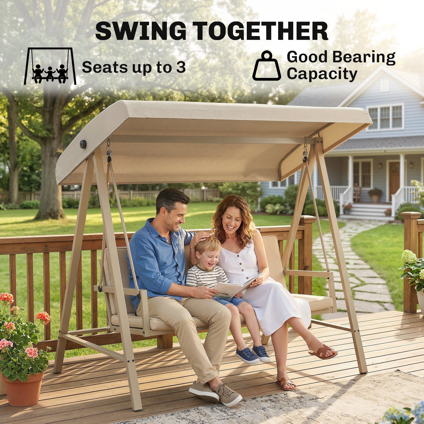Three-Seat Garden Swing Chair, with Adjustable Canopy - Beige