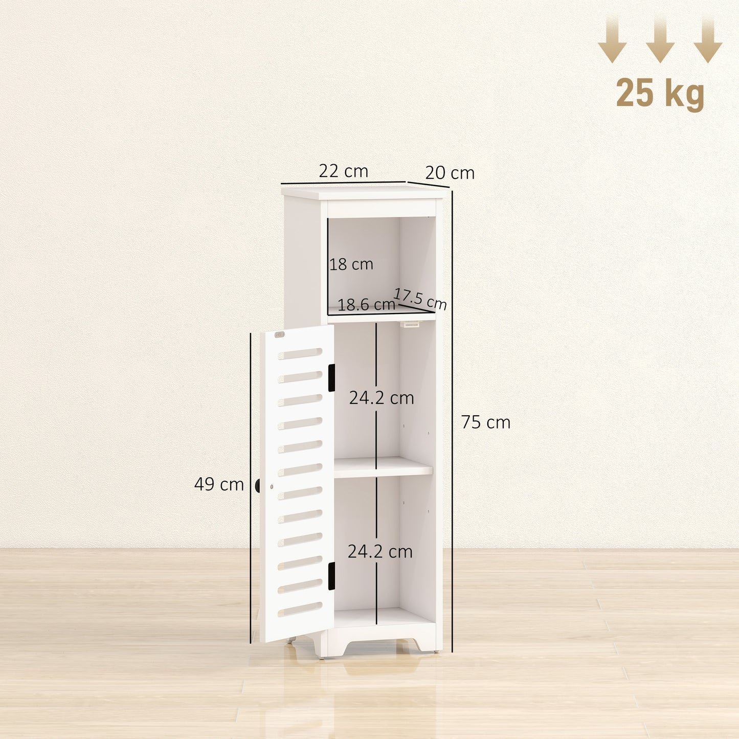 Bathroom Floor Cabinet, Bathroom Storage Unit with Louvered Door, Open Shelf, Adjustable Shelf, White, 22 x 20 x 75 cm