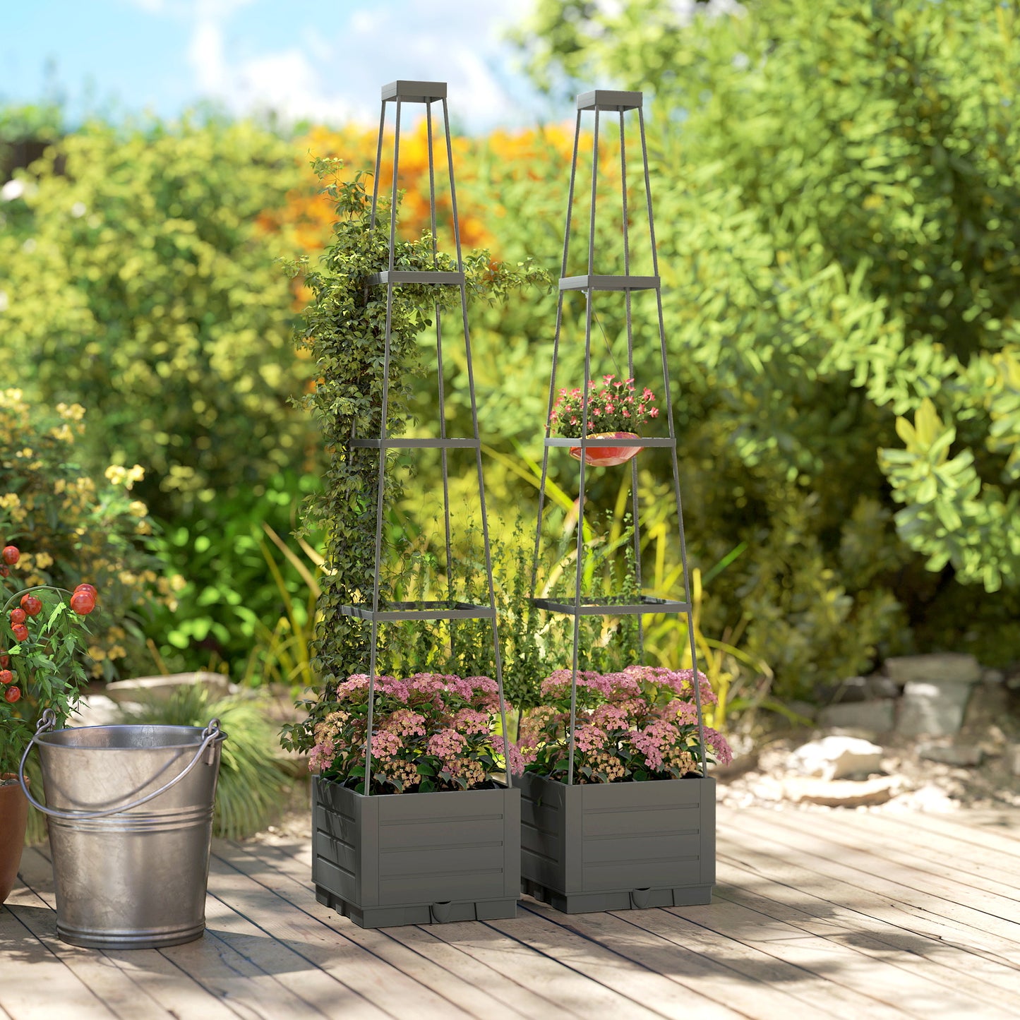 2 Pack Raised Garden Bed with Trellis, Plastic Outdoor Planter Box with Removable Drainage Tray