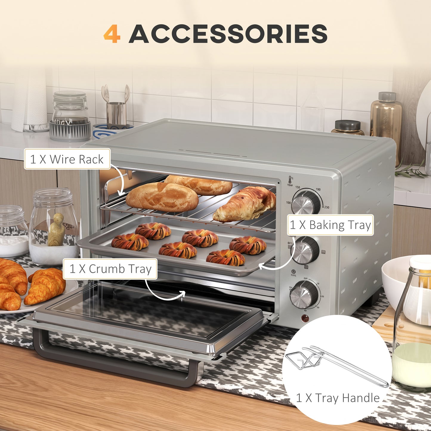 21L Mini Countertop Oven, 100°C-230°C Adjustable Temp - Silver Tone