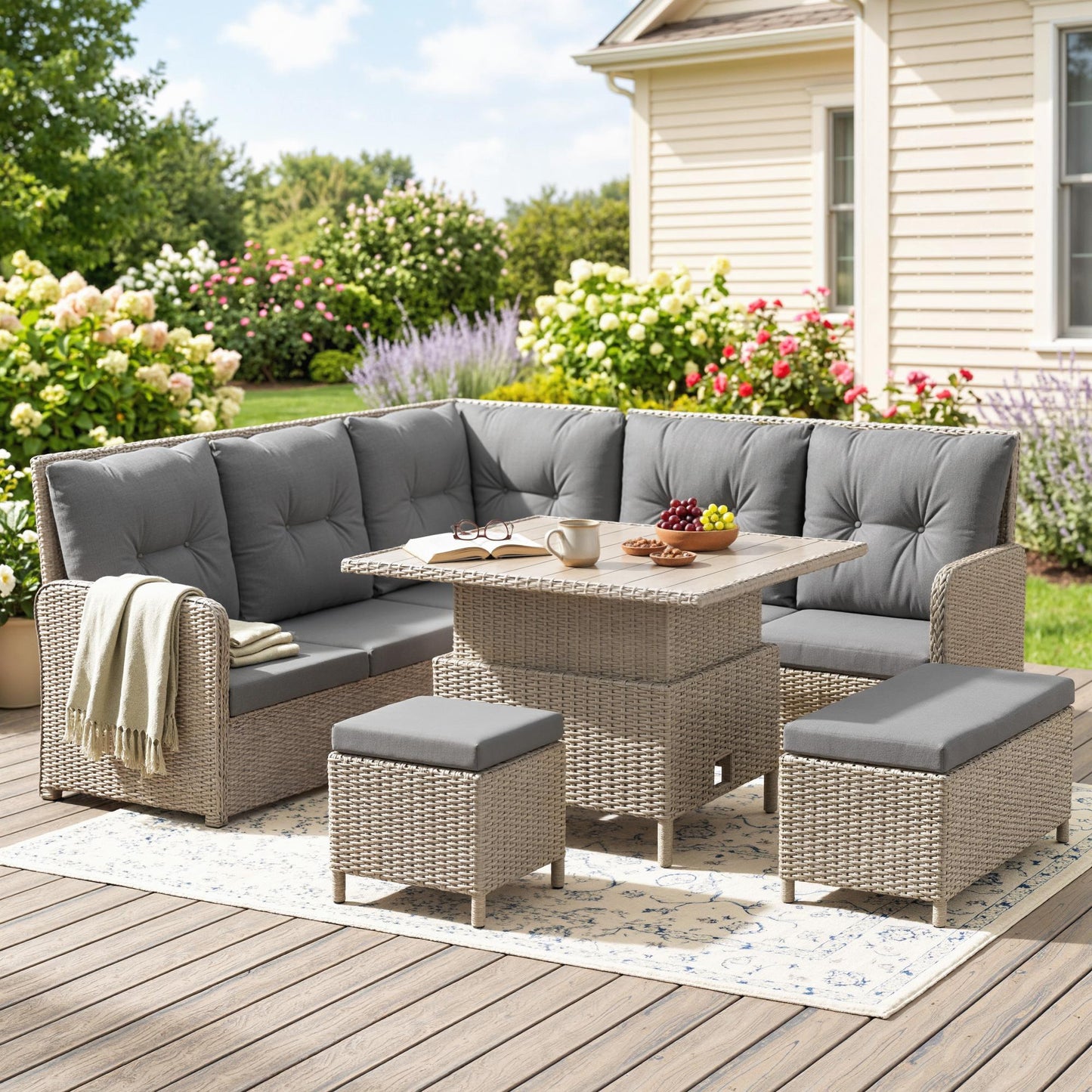 7 Seater Rattan Garden Furniture Set, 6 Piece Patio Dining Set with Liftable Coffee Table and Soft Padded Cushion