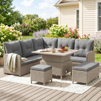 7 Seater Rattan Garden Furniture Set, 6 Piece Patio Dining Set with Liftable Coffee Table and Soft Padded Cushion