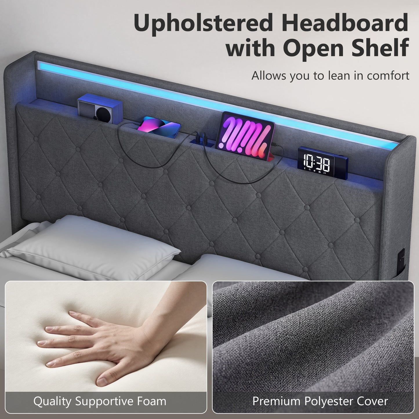 4ft6 Double Bed Frame with Headboard, Platform Bed Frame with Hydraulic Storage, LED Lights and Charging Station, Grey
