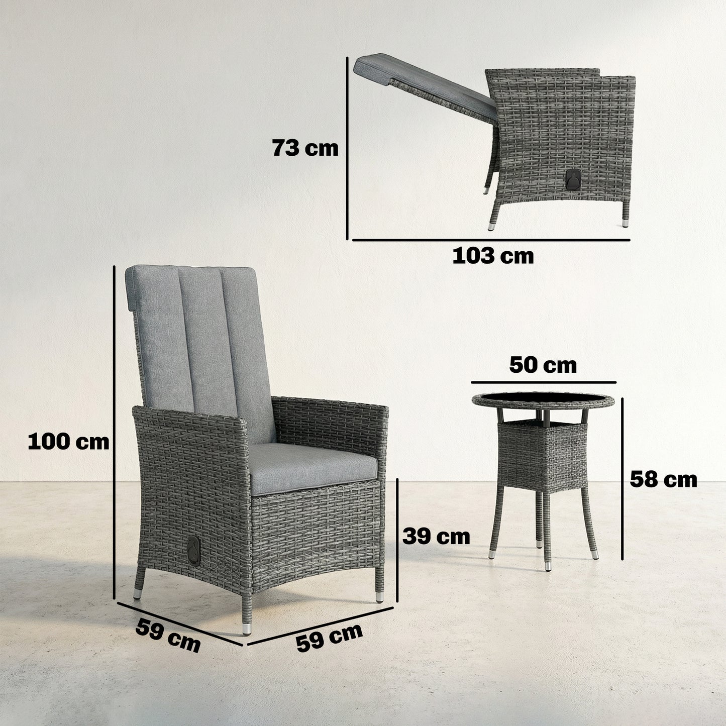 Rattan Bistro Set, Reclining Garden Chairs and Glass Coffee Table with Cushions for Patio Balcony Porch, Grey