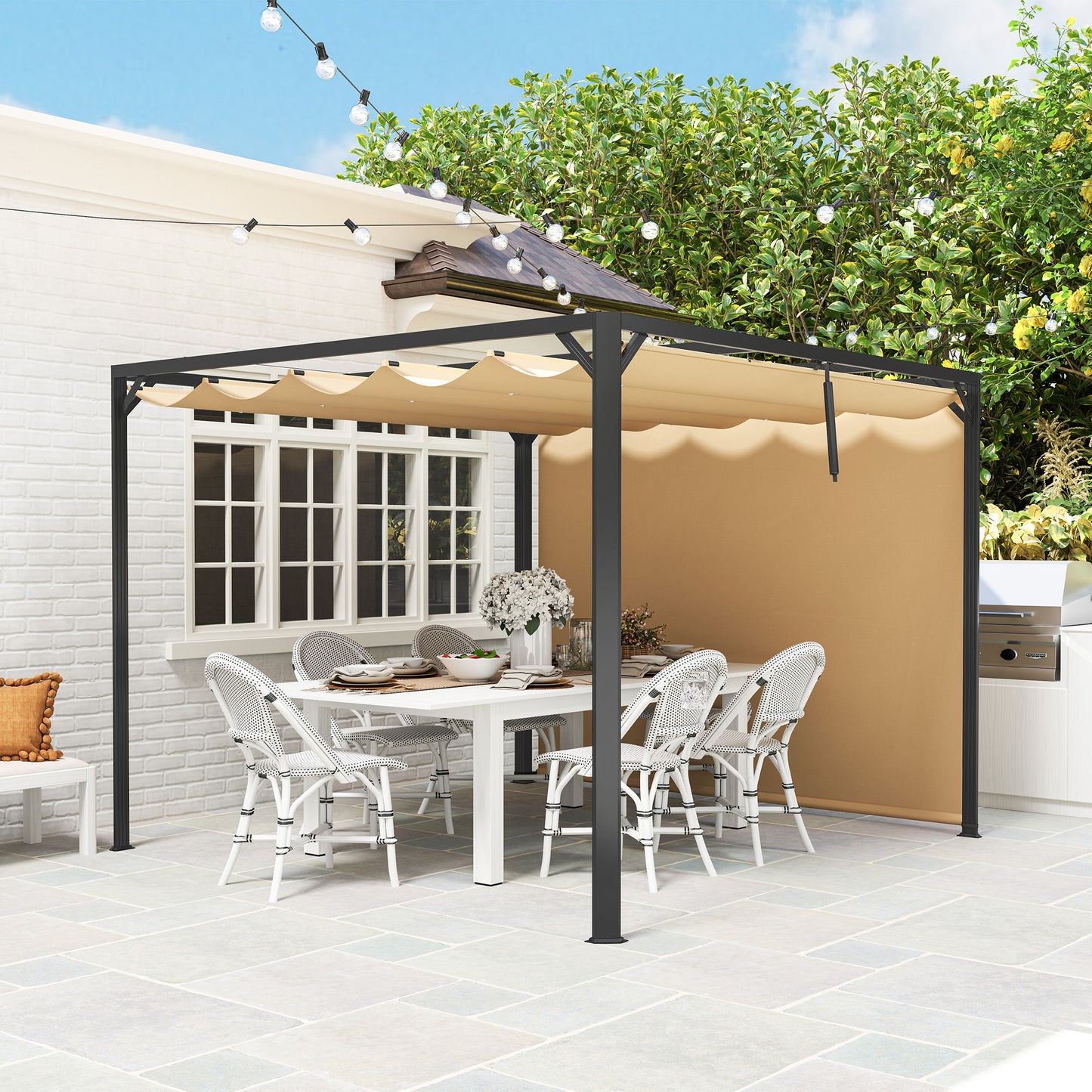 3 x 3m Aluminium Pergola, with Retractable Roof and Wall - Khaki
