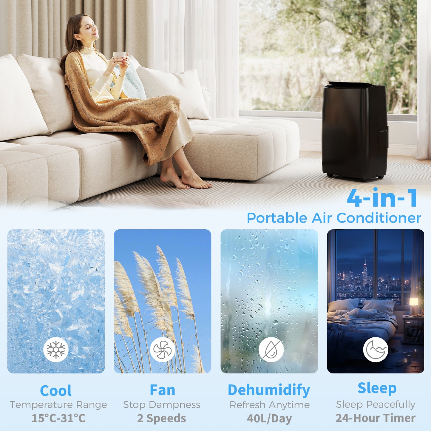 Portable Air Conditioner 14000 BTU, 4-in-1 Air Conditioning Unit, Dehumidifier, Cooling, Fan, Child Lock, 40m²