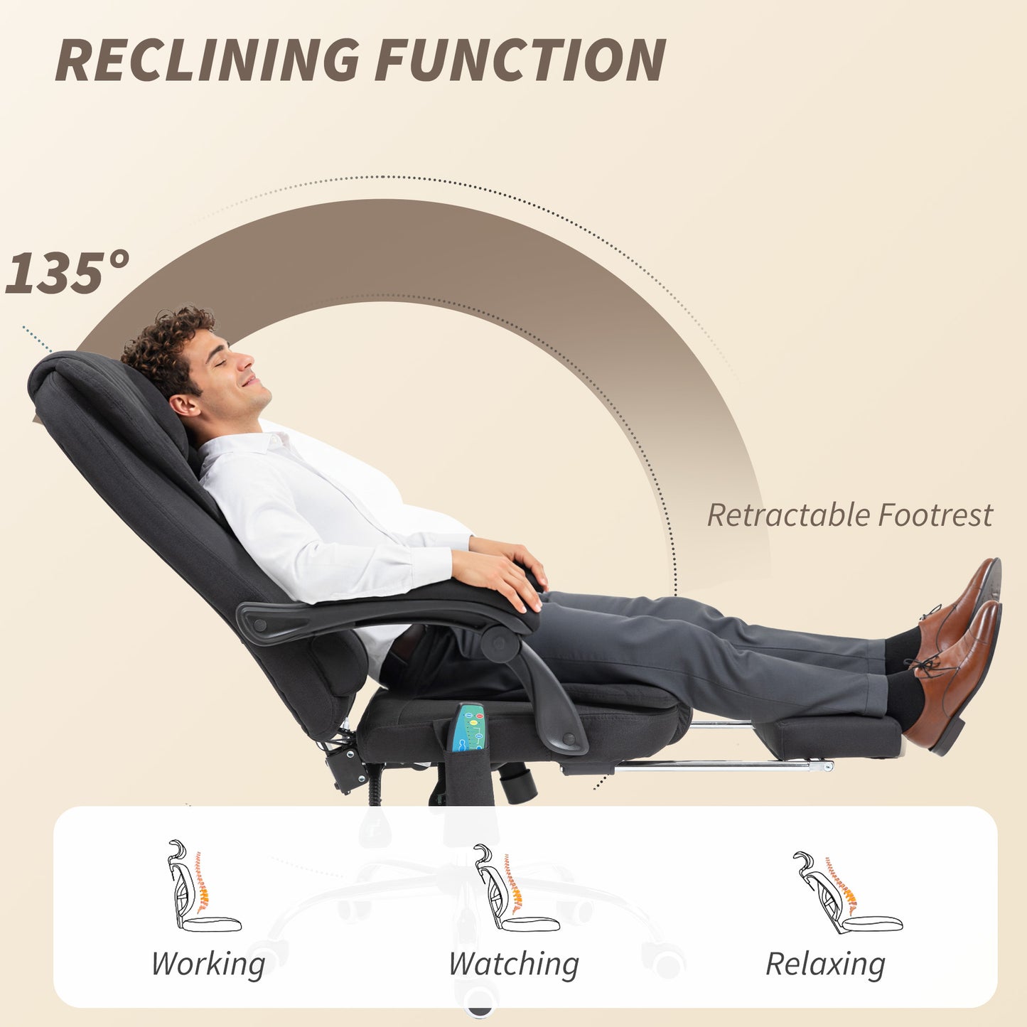 Six-Point Massage and Heated Office Chair with 135°Recline Back - Black