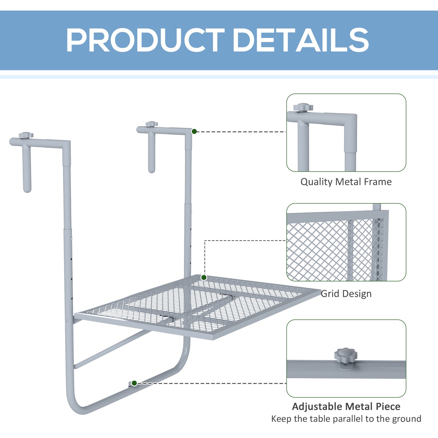 Balcony Hanging Table, Metal Wall Mount Desk, Adjustable Folding Balcony Deck Table for Patio and Garden, Grey