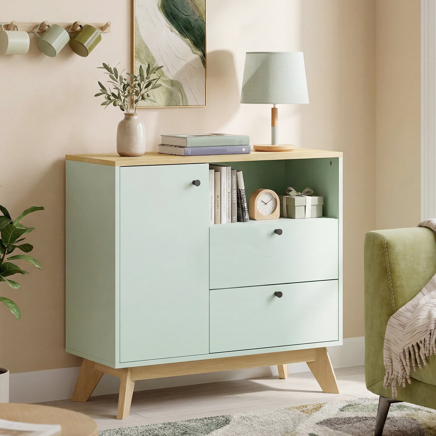 Sideboard Storage Cabinet, 80 cm Buffet Cabinet with 2 Drawers, Open Compartment, Adjustable Shelf, Light Green and Oak