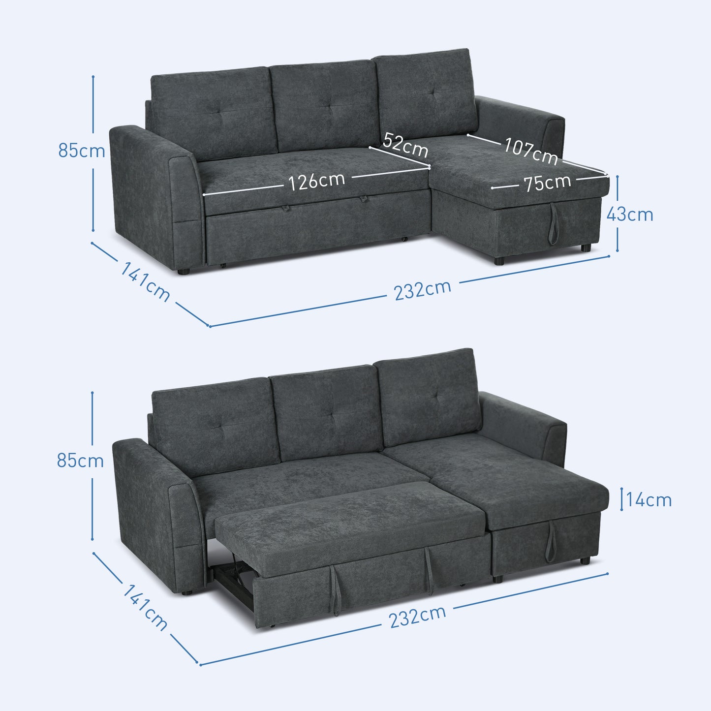 3 Seater Sofa Bed, Pull Out Sofa Bed with Storage for Living Room, Dark Grey