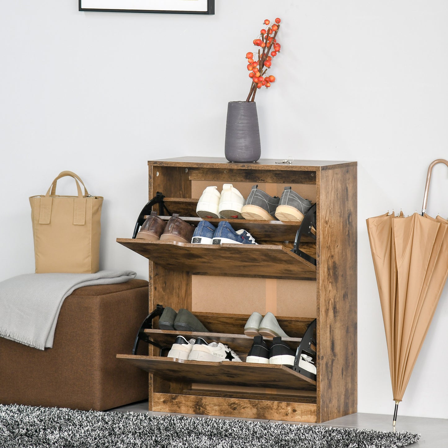 Industrial Shoe Cabinet with 2 Flip Drawers, Narrow Shoe Storage Cabinet for 12 Pairs