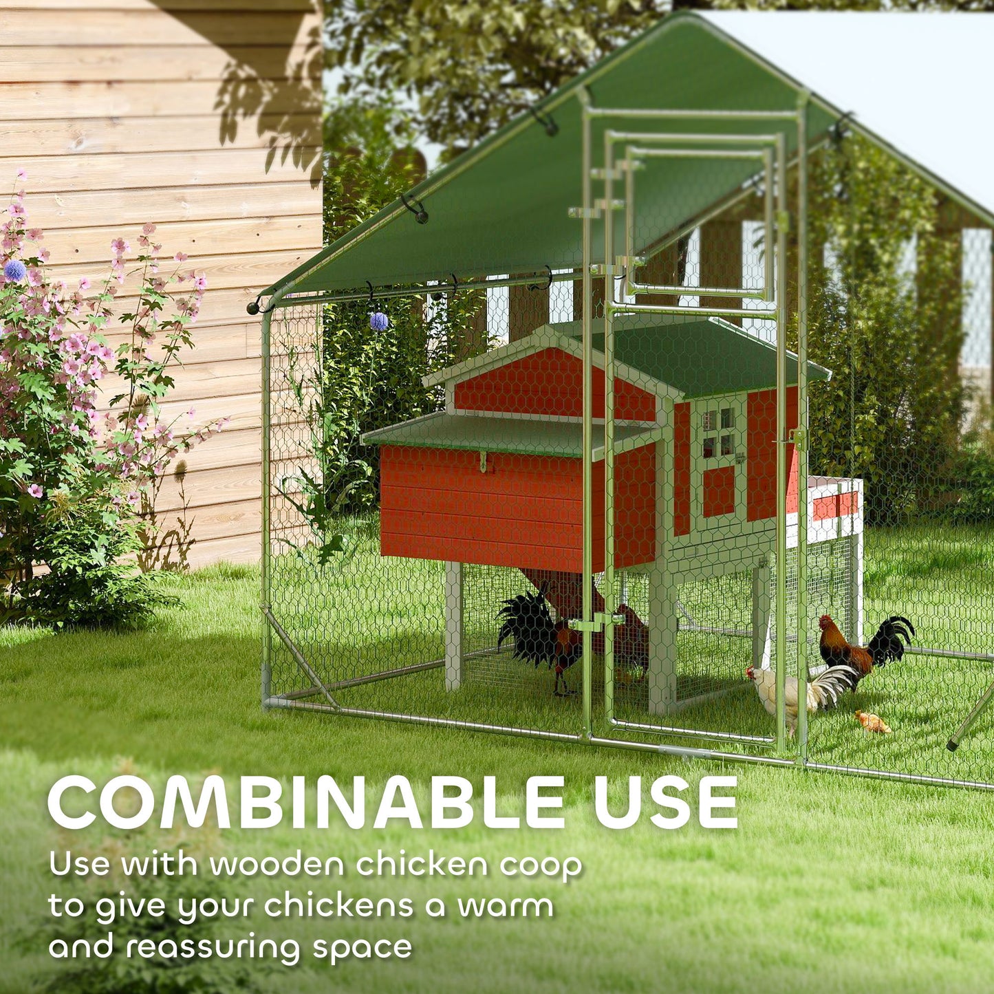 Walk-in Chicken Run with Cover, Feeding Door, Hanging Feeder, Perch, for 6-8 Poultry