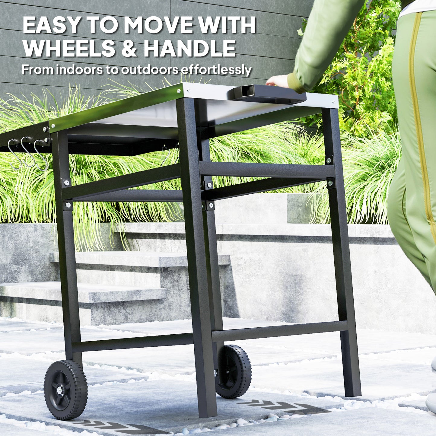 BBQ Trolley with Stainless Steel Top and Foldable Side Table, Outdoor Kitchen Barbecue Station with Hooks and Shelf