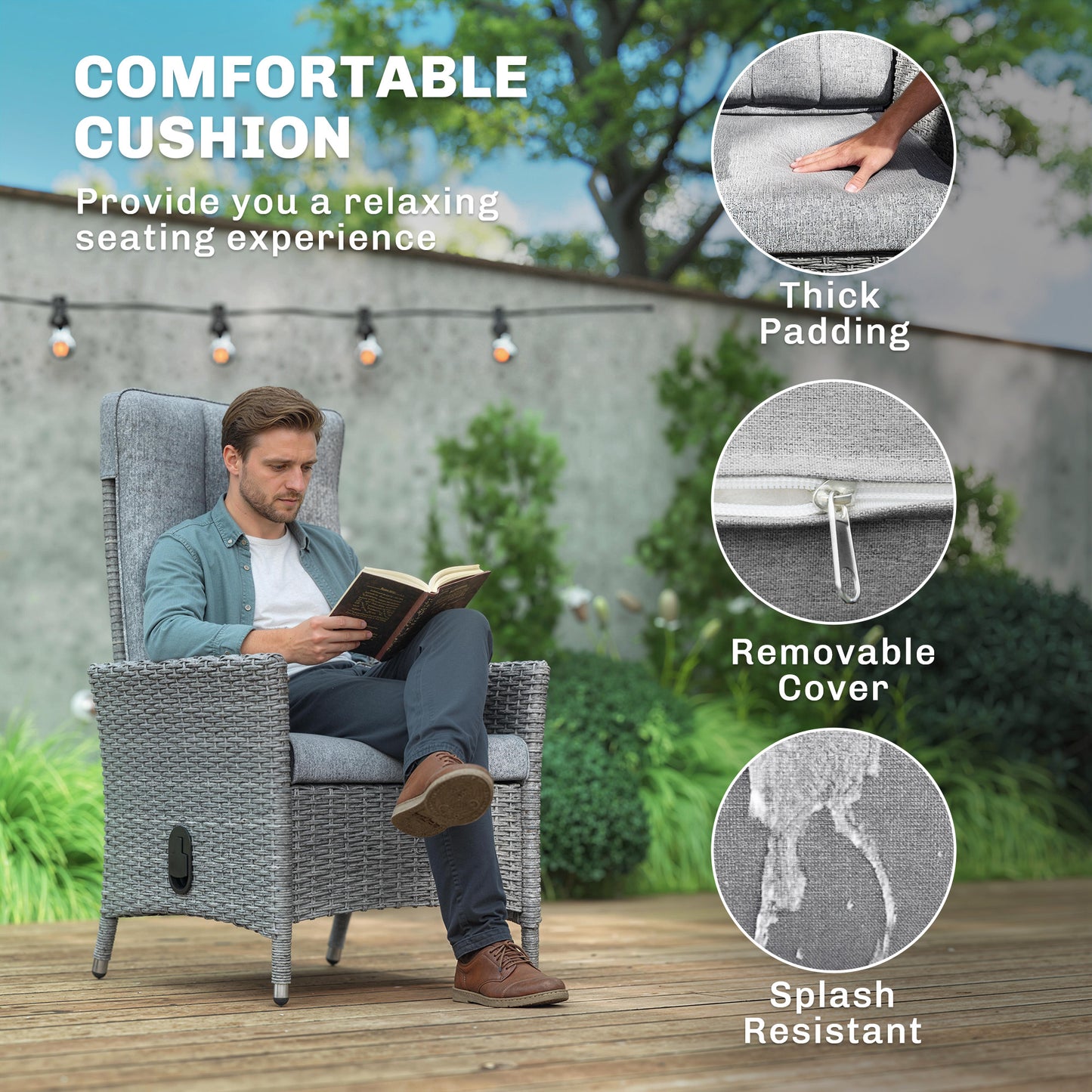 105°-150° Reclining Rattan Chair - Light Grey