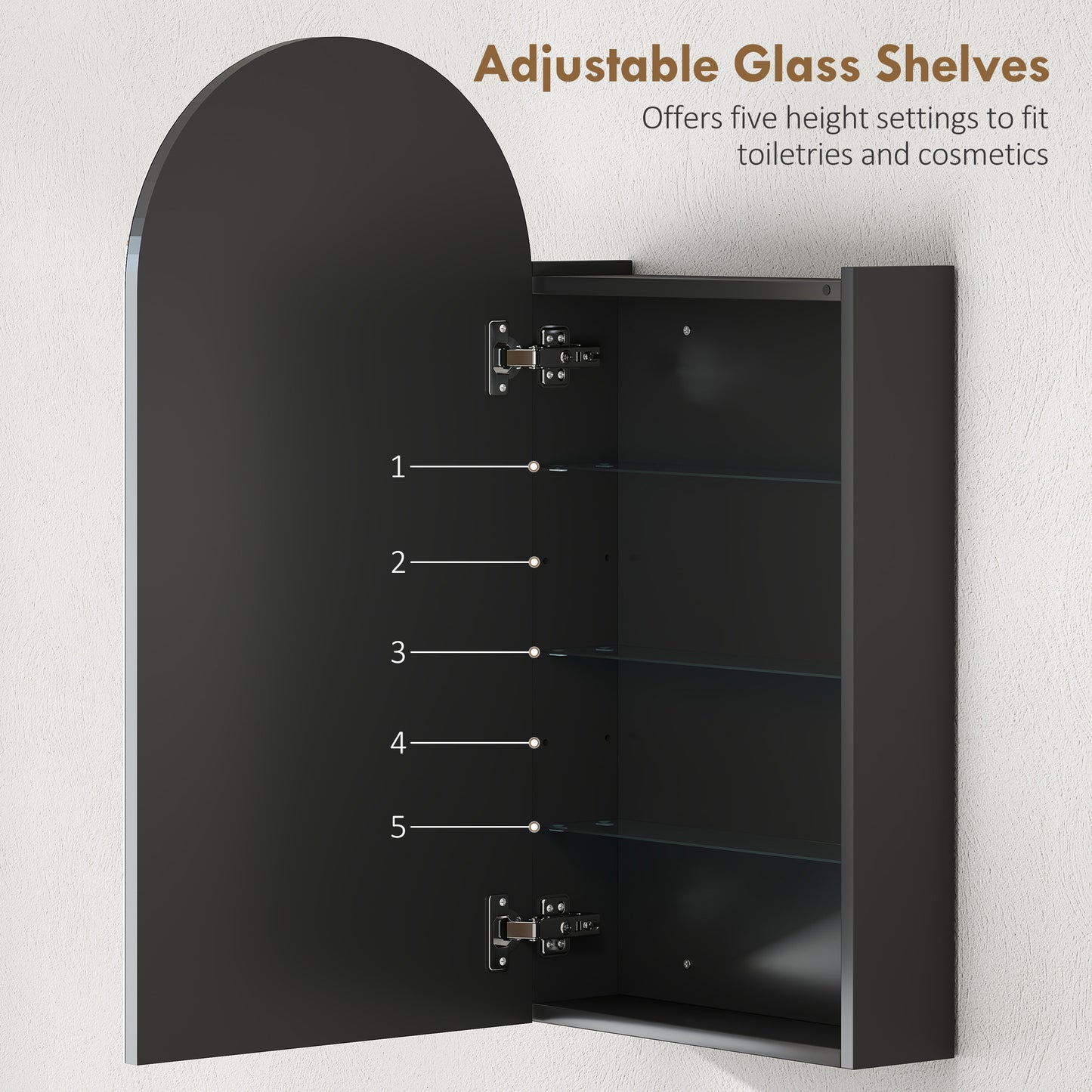 Arched Bathroom Mirror Cabinet with Adjustable Glass Shelves - Black