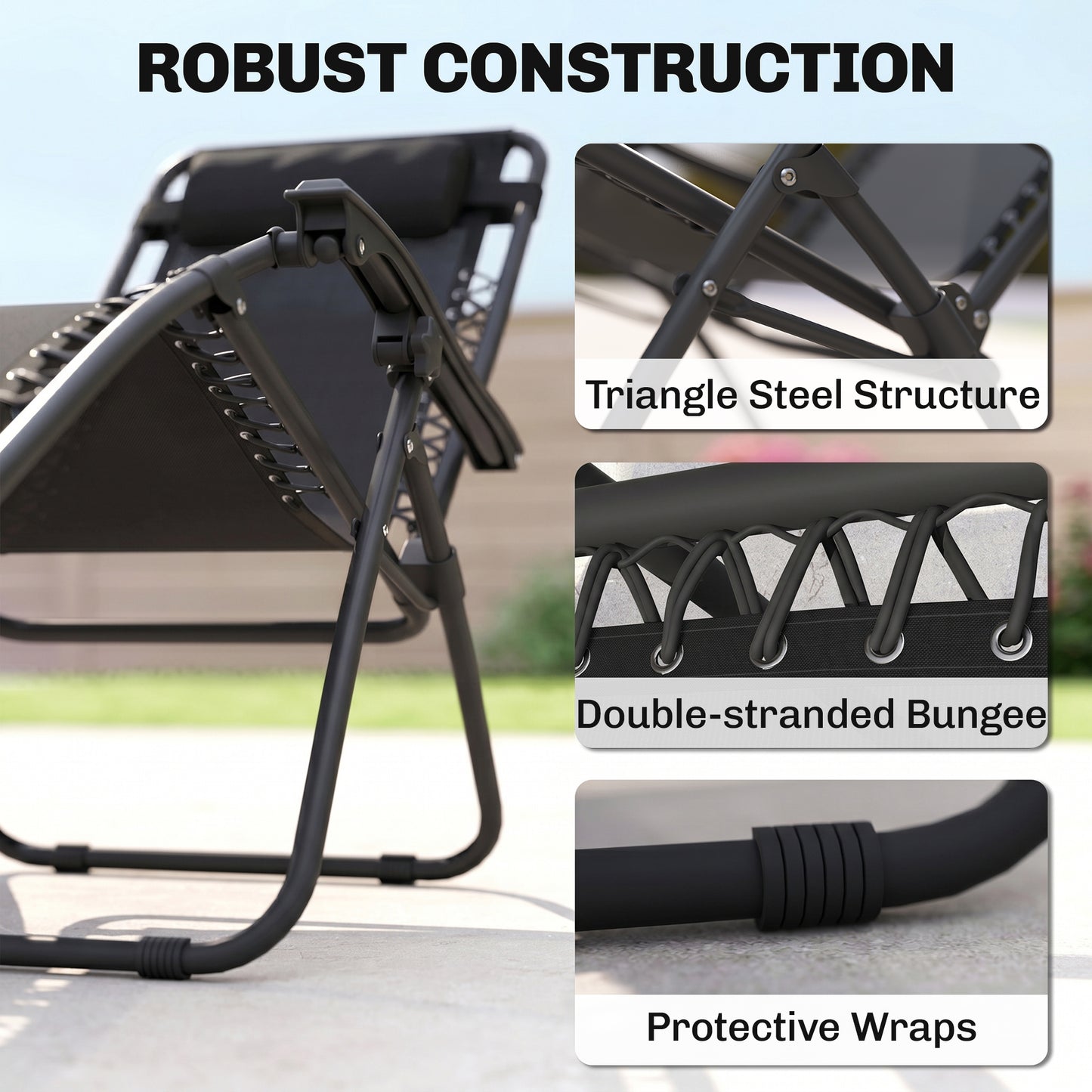 Folding Zero Gravity Chairs, 3 Pieces Adjustable Sun Lounger and Table Set with Cup Holder and Headrest