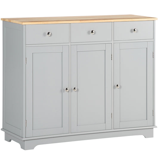 Sideboard with Rubberwood Top and Independent Storage Shelves for Dining Room, Kitchen - Grey
