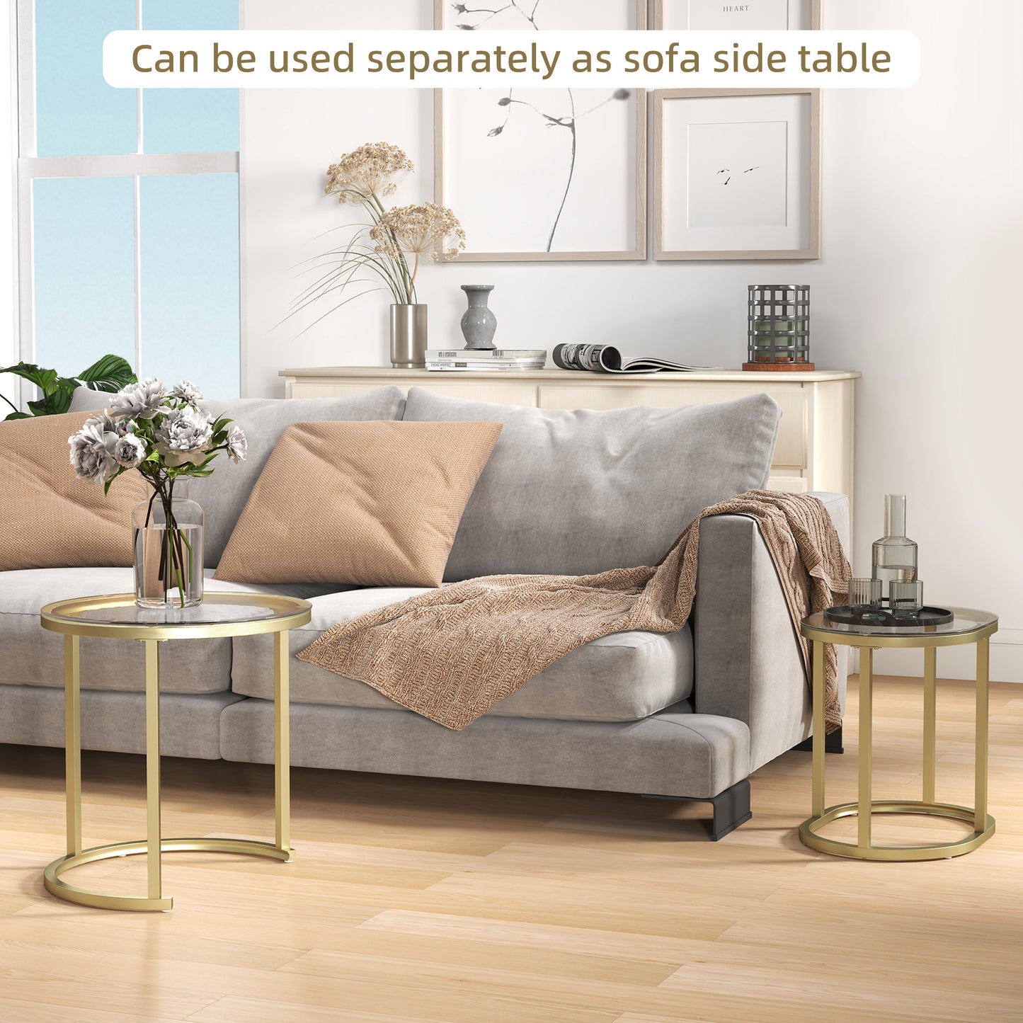 Nest of Tables with Steel Frame and Tempered Glass Tabletop, Modern Coffee Table Set of 2, Clear
