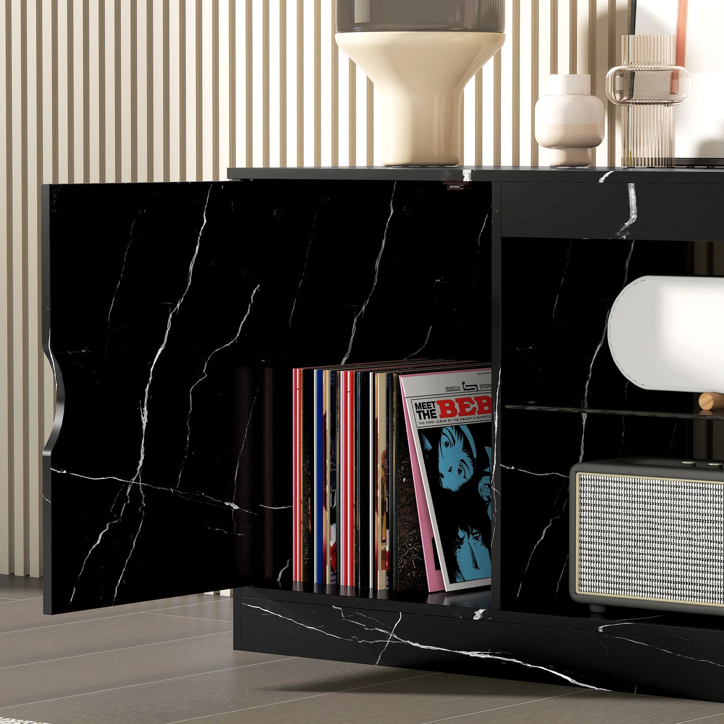 TV Stand Cabinet, Marble Effect TV Unit for up to 55" TVs with Glass Shelf and Storage Cabinet