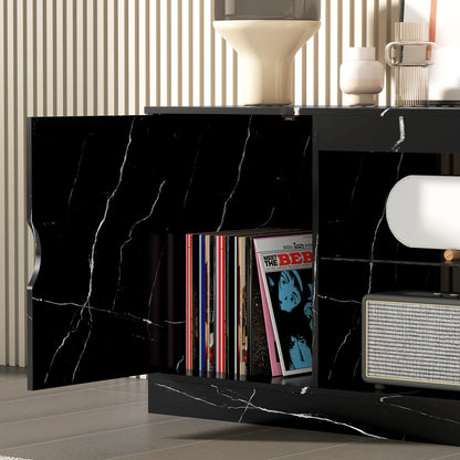 TV Stand Cabinet, Marble Effect TV Unit for up to 55" TVs with Glass Shelf and Storage Cabinet
