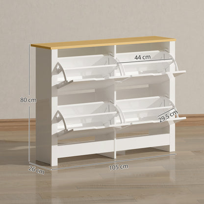 Slim Shoe Cabinet, Narrow Shoe Cupboard with 4 Flip Drawers, Adjustable Shelves for 16 Pairs of Shoes, White