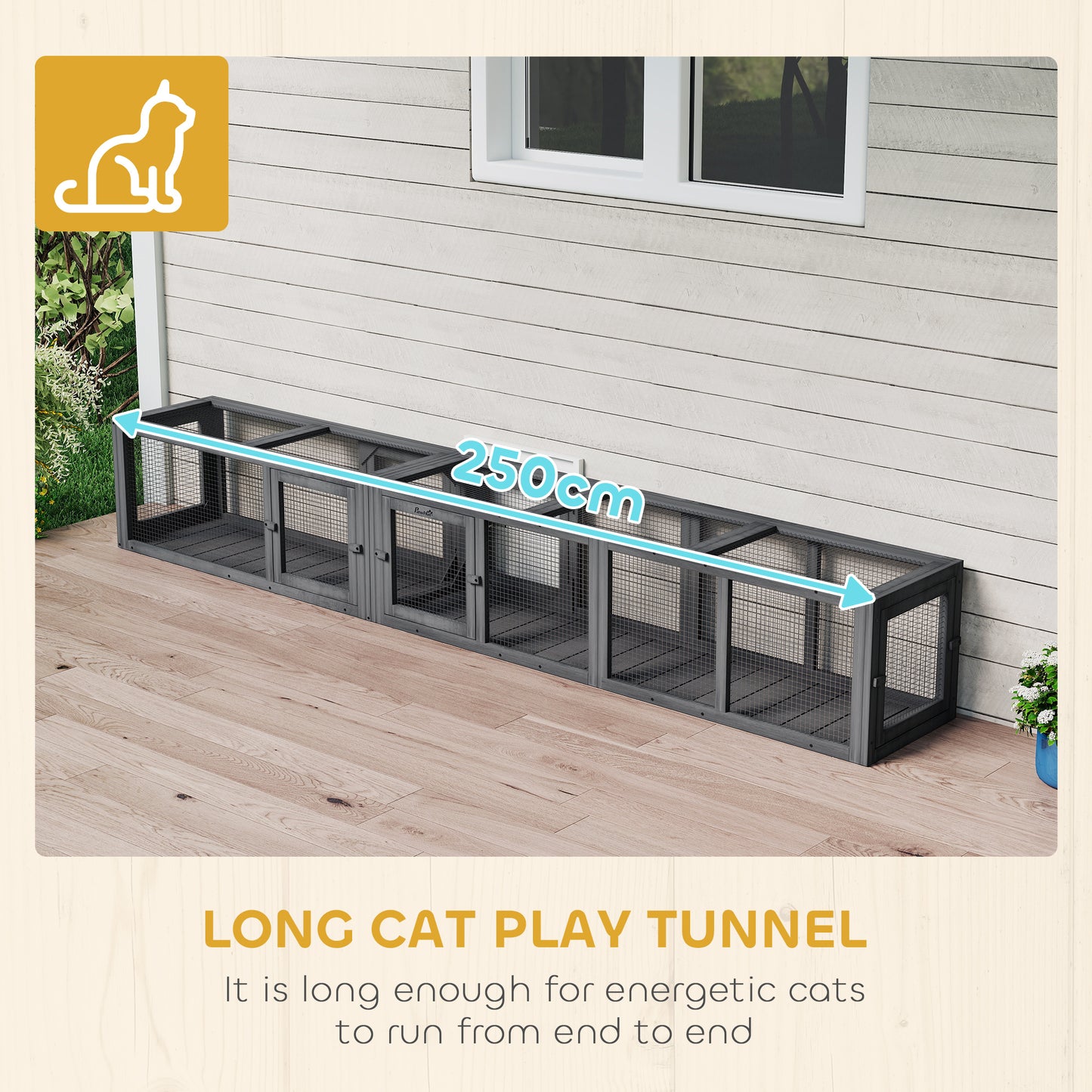 Cat Tunnel, 250cm Extra Long Wooden Cat Play Tunnel with 8 Doors, L-shape/Rectangle, Outdoor Cat Enclosure, Dark Grey